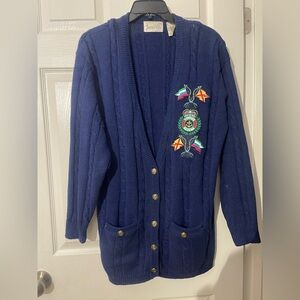 Jantzen Royal Blue Cardigan with Embroidery vintage sweater size M